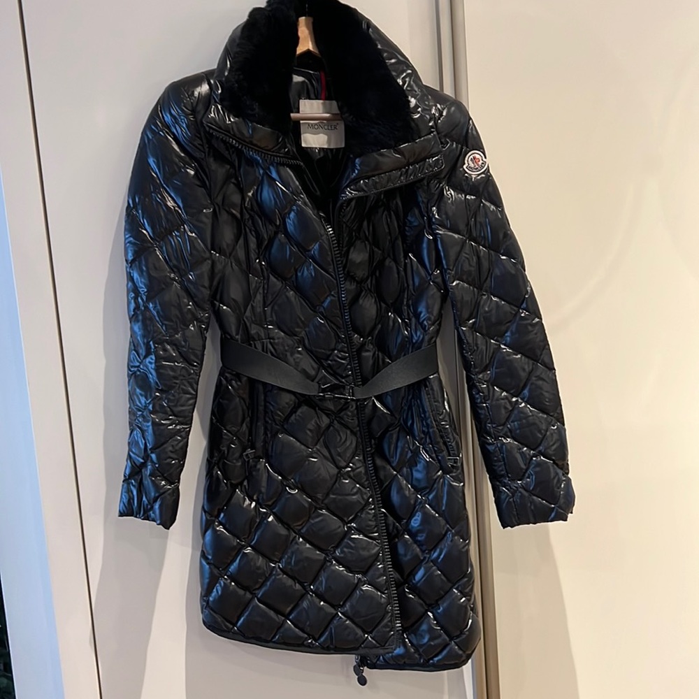 Moncler Black Guibotto Glaciers Coat - Size 0 - Belted w/rabbit fur collar
